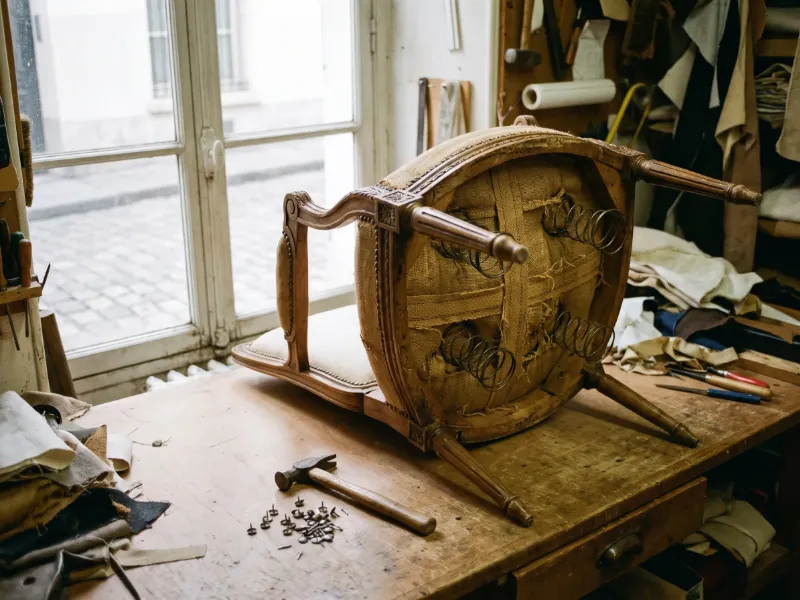 Fauteuil ancien retourné sur l’établi d’un tapissier, sangles détendues et ressorts visibles sous l’assise (illustration)